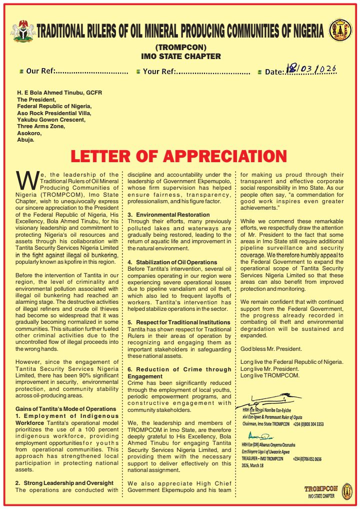 Letter of Appreciation By Traditional Rulers of Oil Producing Communities of Nigeria