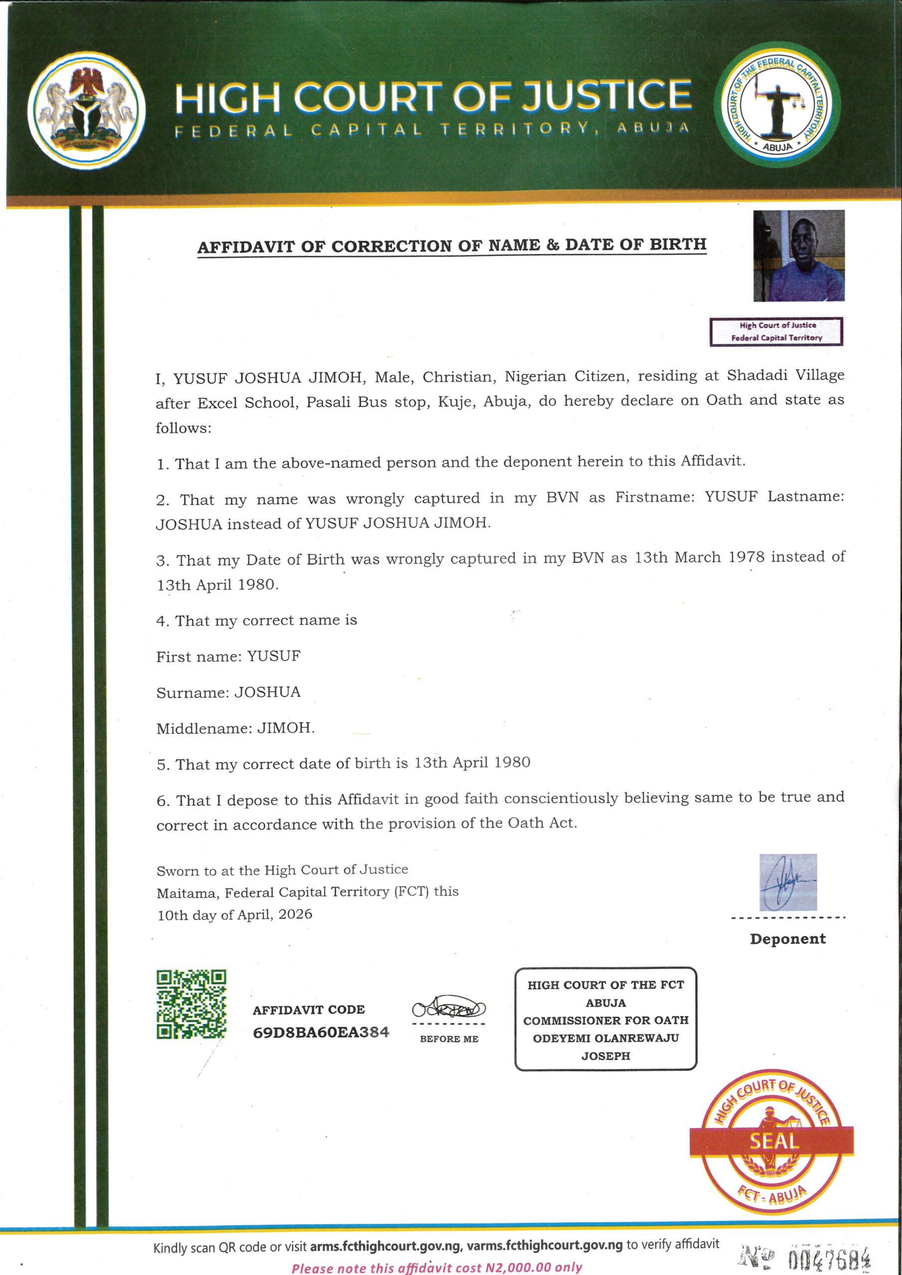 Affidavit of Change of name and date of Birth for Yusuf Joshua jimoh